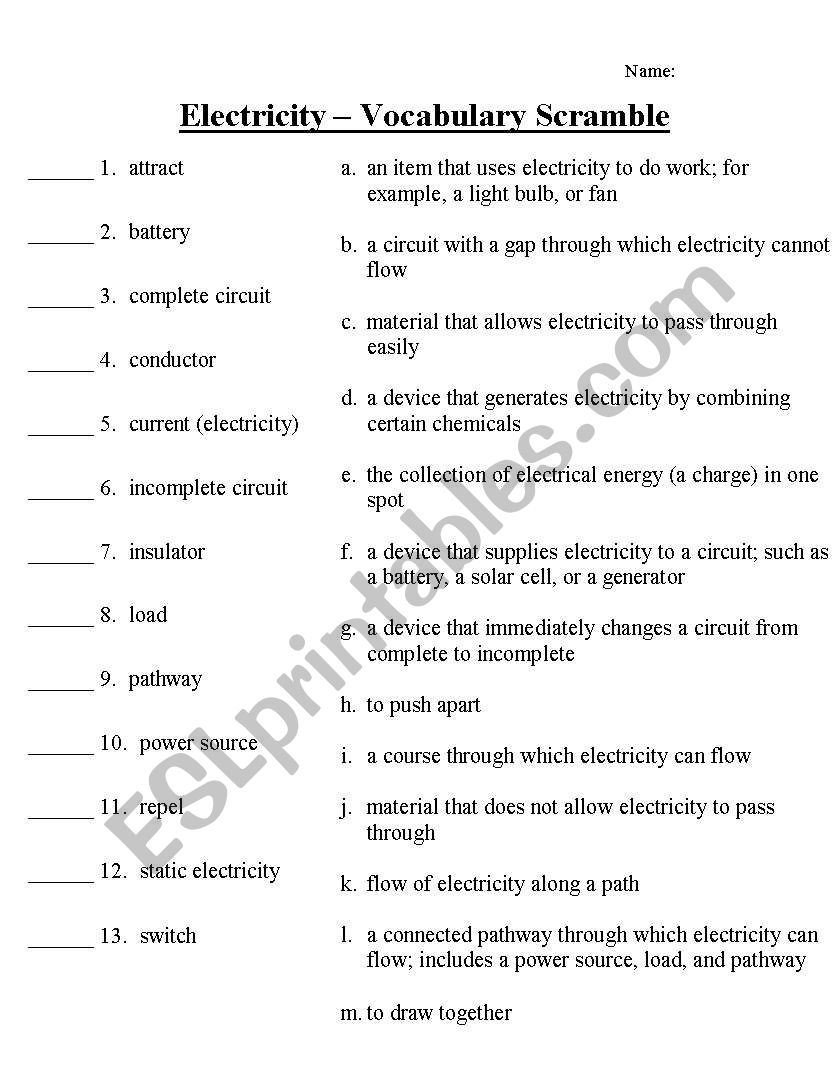 what is electricity worksheet answers