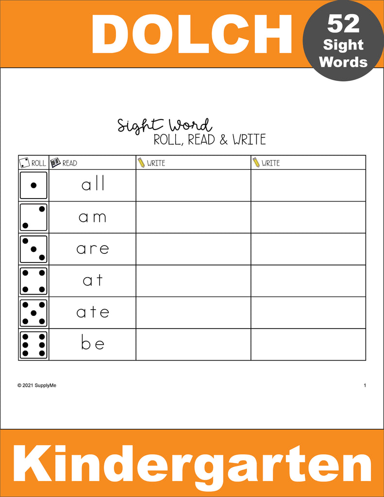 Kindergarten Sight Word Worksheets - Roll, Read, And Write, 7 ...
