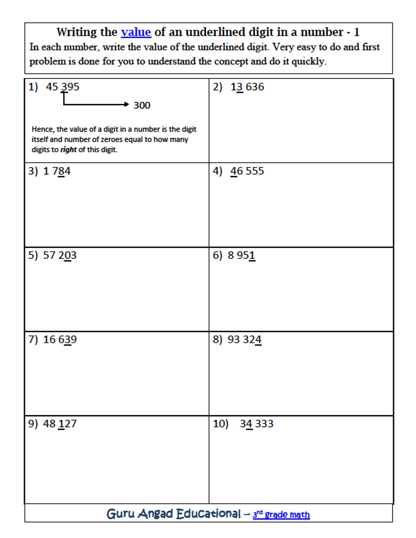 what is the value of the underlined digit worksheet