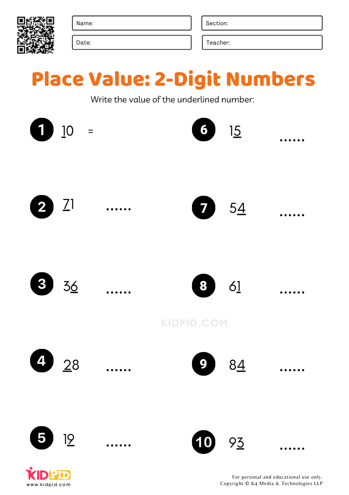 what is the value of the underlined digit worksheet