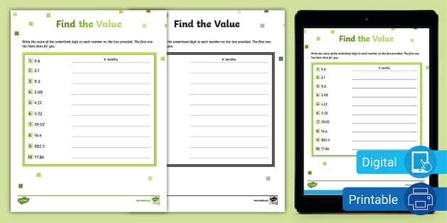 what is the value of the underlined digit worksheet