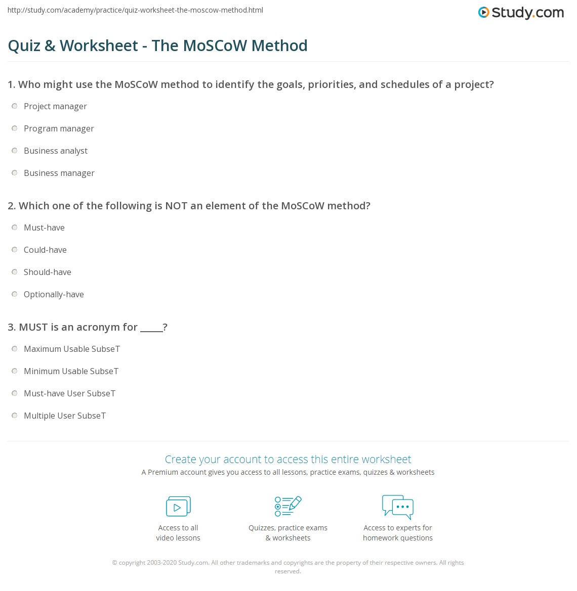 Quiz &  Worksheet - The MoSCoW Method | Study.com