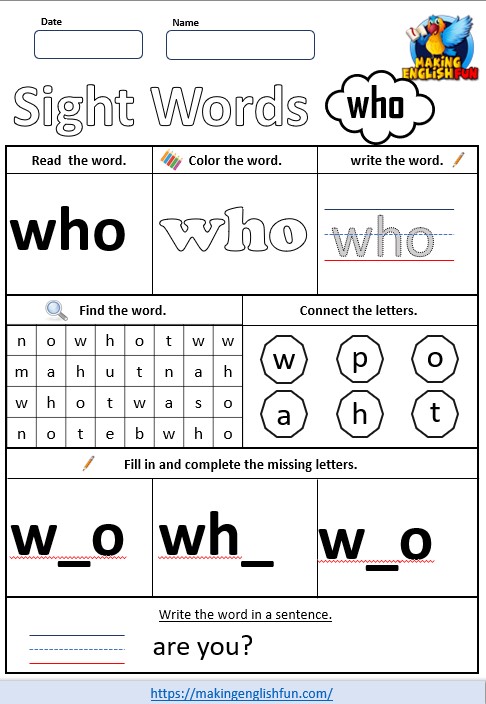 FREE Printable Kindergarten Sight Word Worksheet – “Who”Making ...