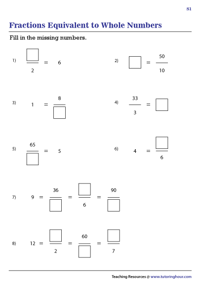 Whole Numbers as Equivalent Fractions Worksheets