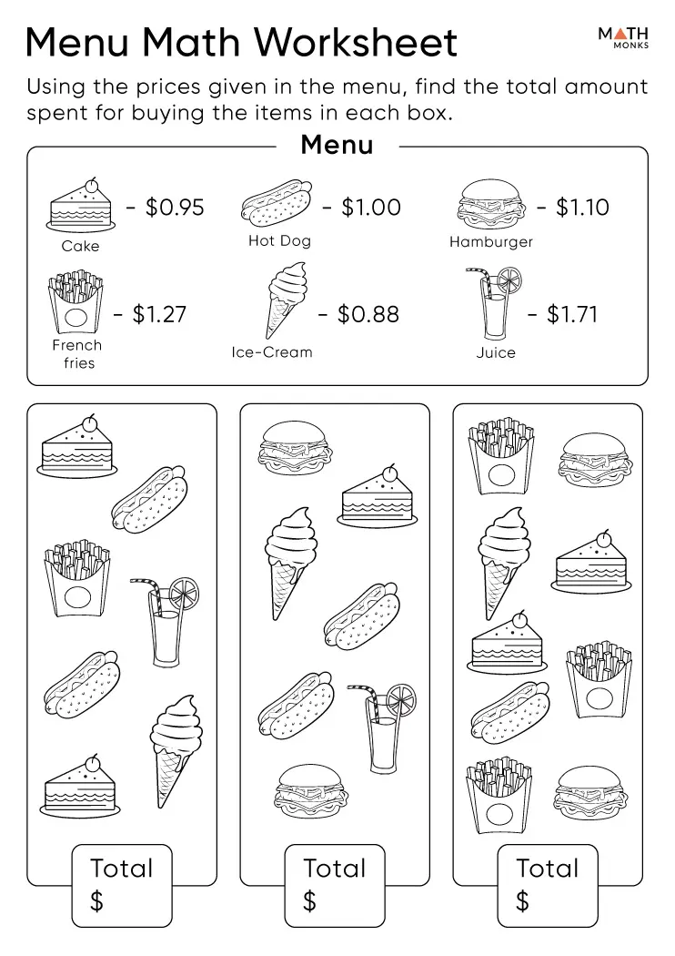 Menu Math Worksheets - Math Monks
