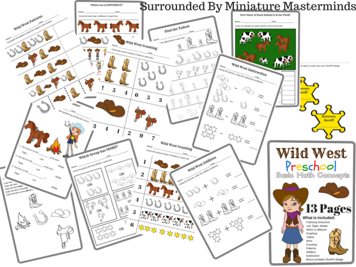 Wild West Preschool Basic Math Concepts Free 13 Page Printable ...