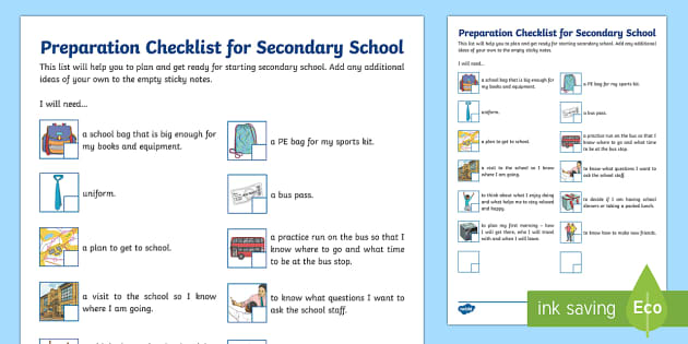Preparation Checklist for Secondary School Worksheet