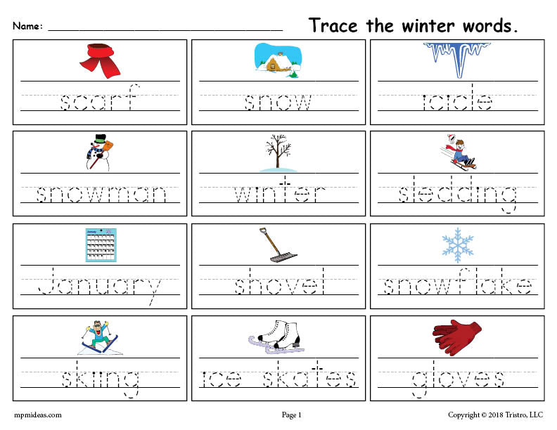 Printable Winter Words Handwriting &  Tracing Worksheet!