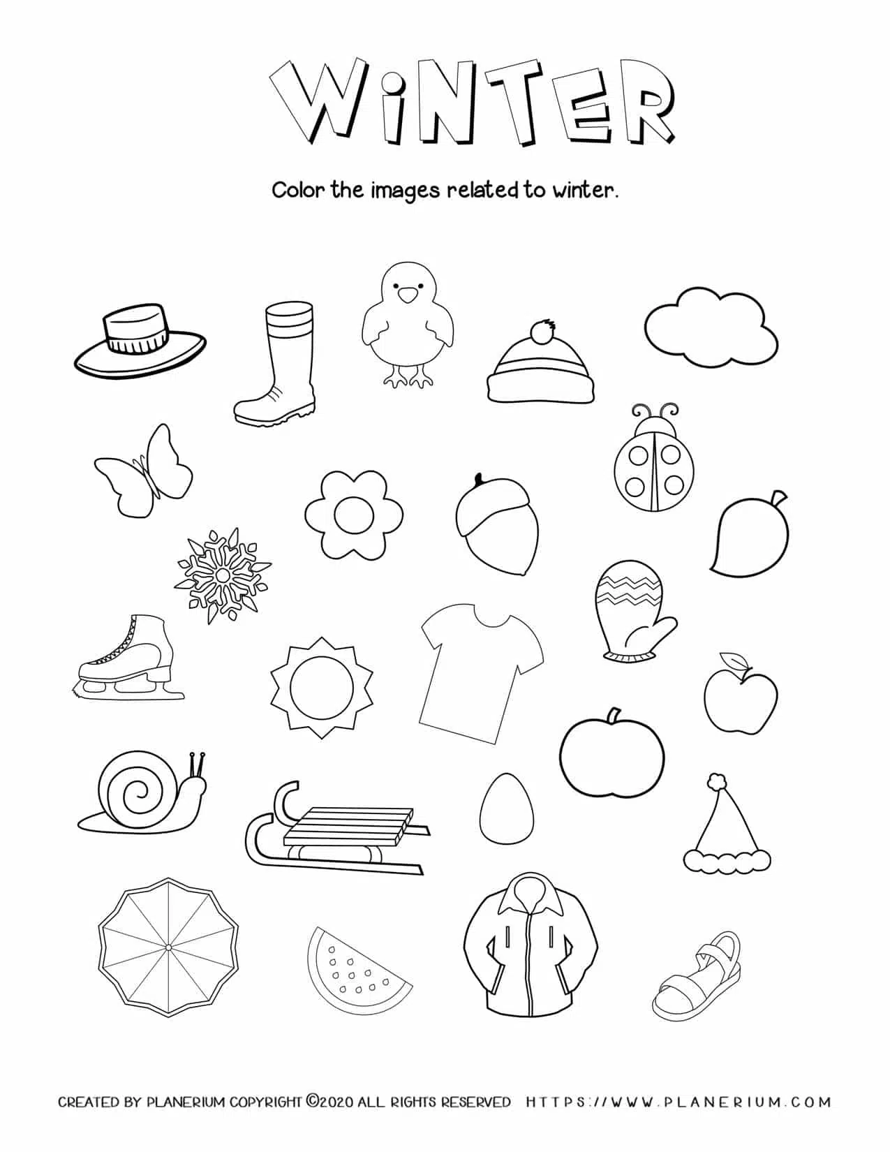 Winter Worksheet - Color related Objects - Free Printable | Planerium