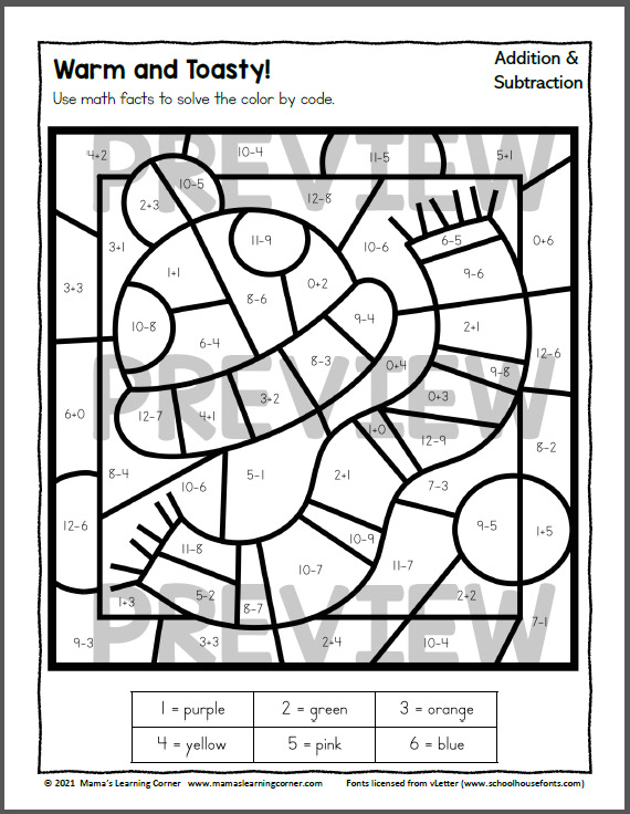 Winter Color by Addition and Subtraction Worksheets - Mamas ...