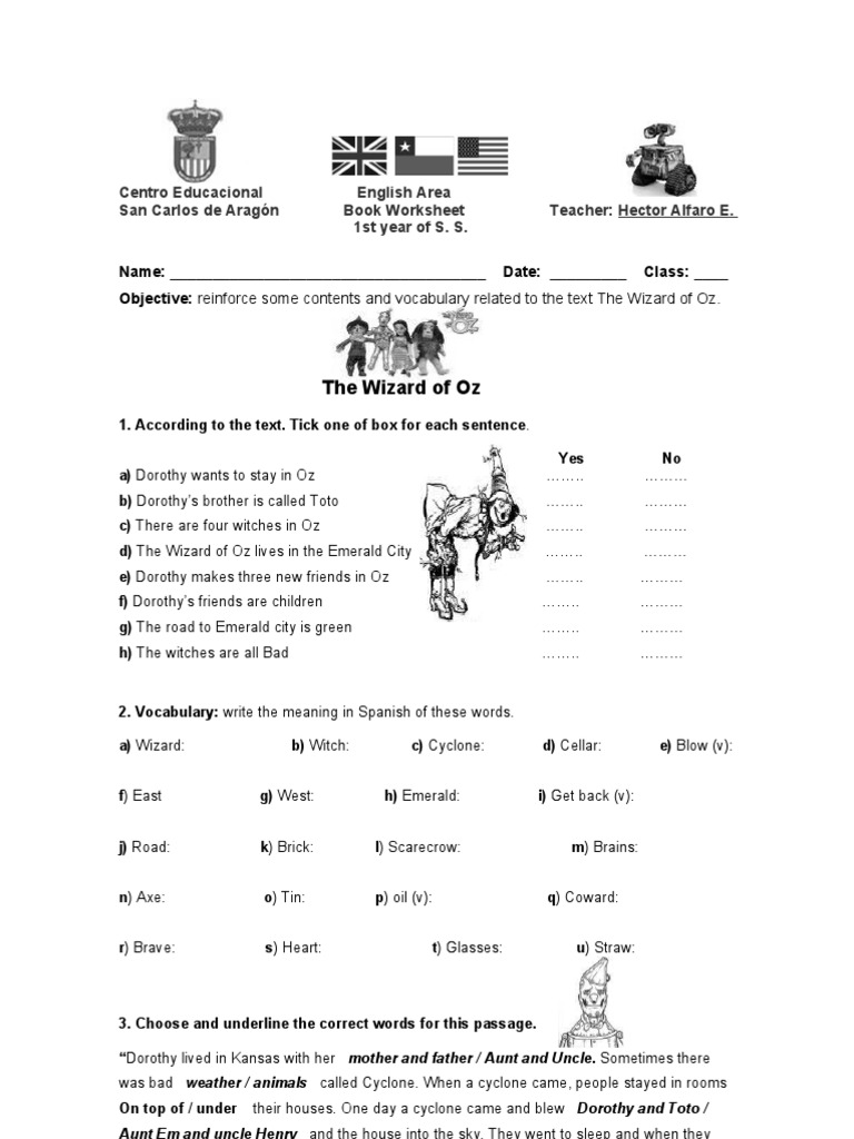 wizard of oz worksheet
