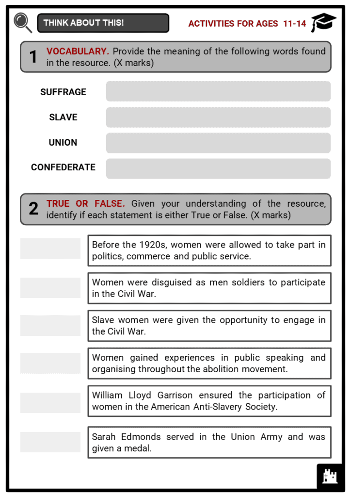 women of the civil war worksheet