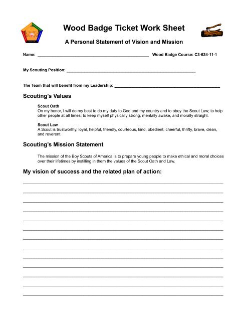 Wood Badge Ticket Work Sheet - SE Wis Training