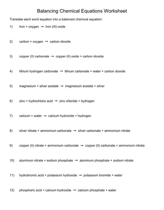 word chemical equations worksheet
