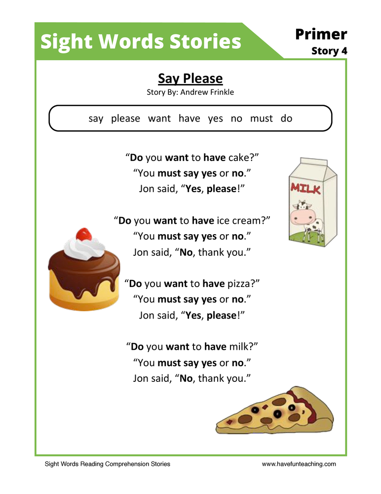 Say Please Primer Sight Words Reading Comprehension Worksheet ...