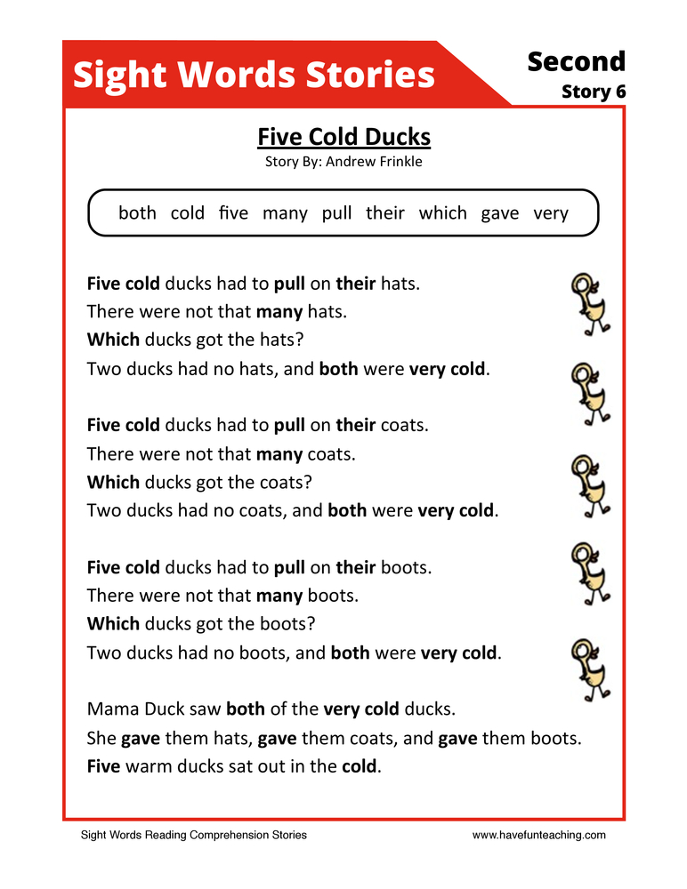 Five Cold Ducks Second Sight Words Reading Comprehension Worksheet ...