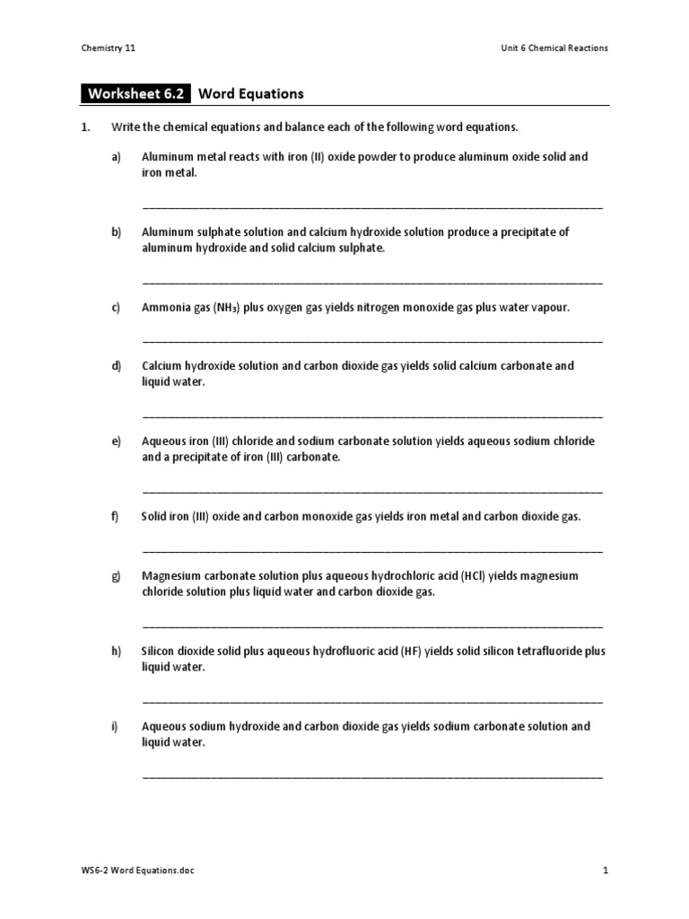 word equations chemistry worksheet answers