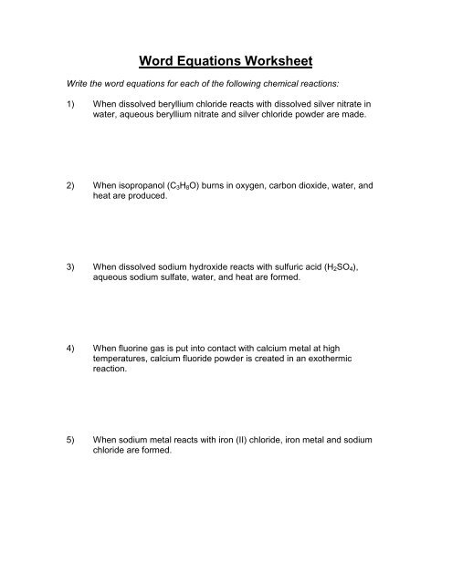 word equations chemistry worksheet