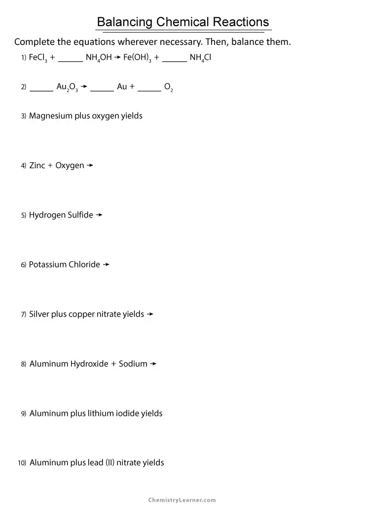 word equations chemistry worksheet