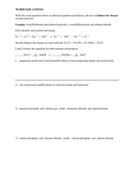 word equations worksheet chemistry