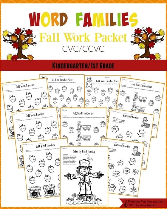 Fall Word Families Worksheets for Kindergarten or 1st Grade ...
