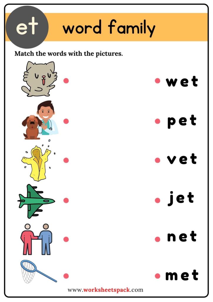Free Et Word Family Matching Worksheets - worksheetspack