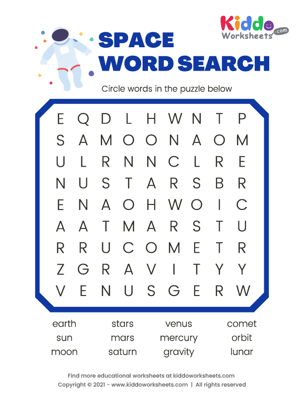 Free Printable Space Word Search Worksheet - kiddoworksheets