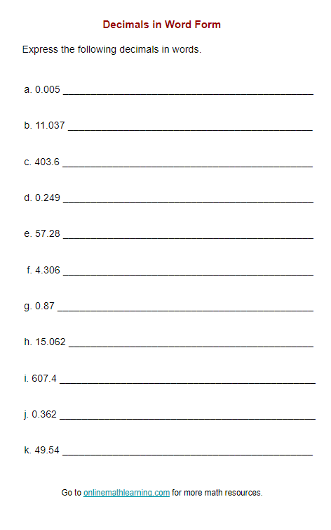 Decimals in Word Form Worksheet (printable, online, answers)