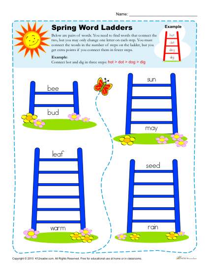 Word Ladder Spring Worksheets for 2nd, 3rd, 4th Grade