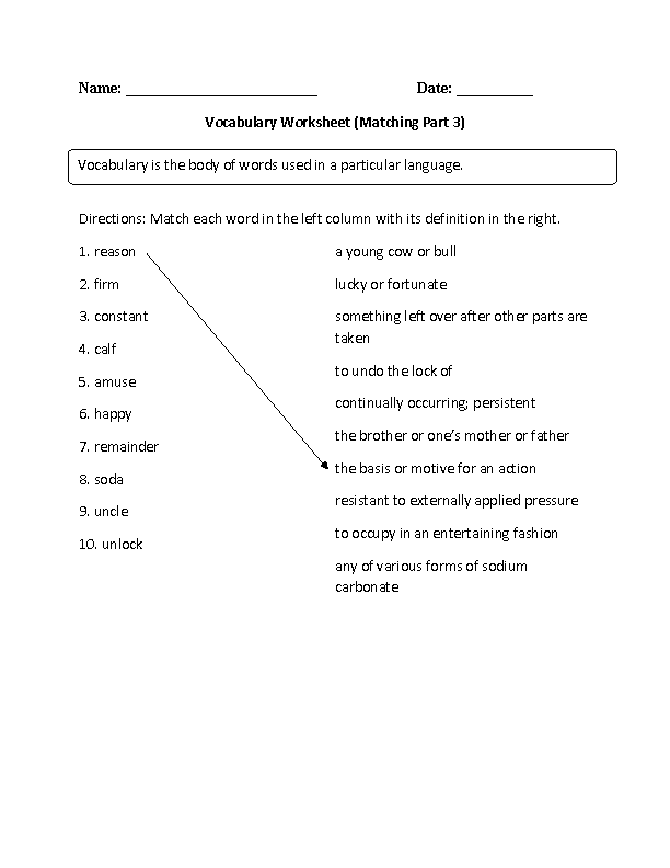 Vocabulary Worksheets | Matching Vocabulary Worksheets Part 3