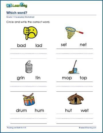 Match and write words to pictures for grade 1 | Worsheets library