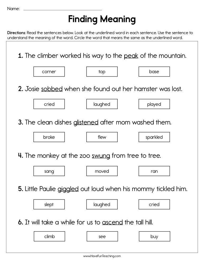 Find Meaning Worksheet  