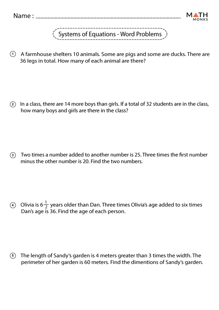 Systems of Equations Word Problems Worksheets - Math Monks