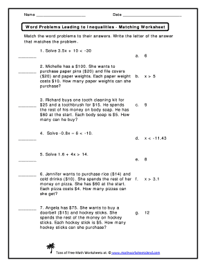 word problem inequalities worksheet with answers