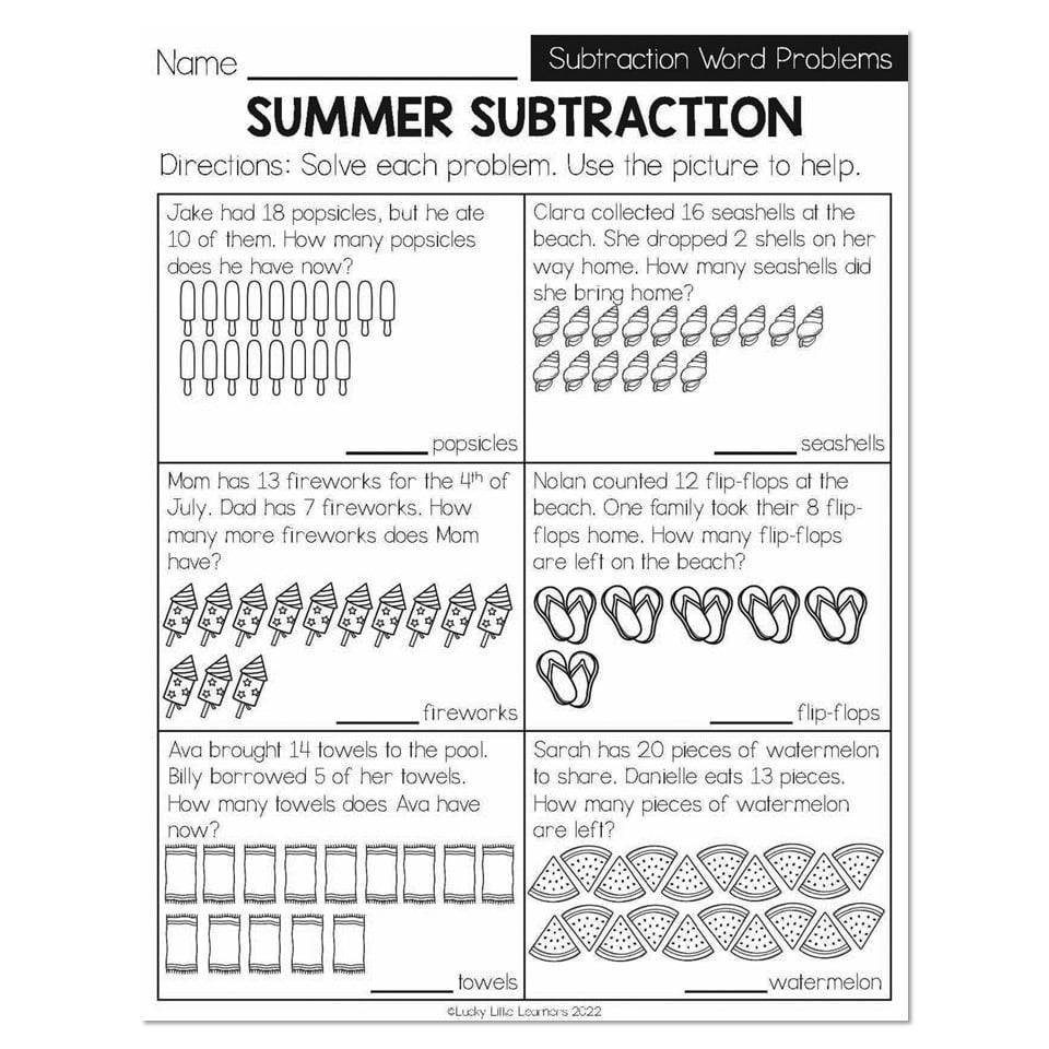 Summer - Early Finishers 1st Grade - Math - Subtraction Word ...