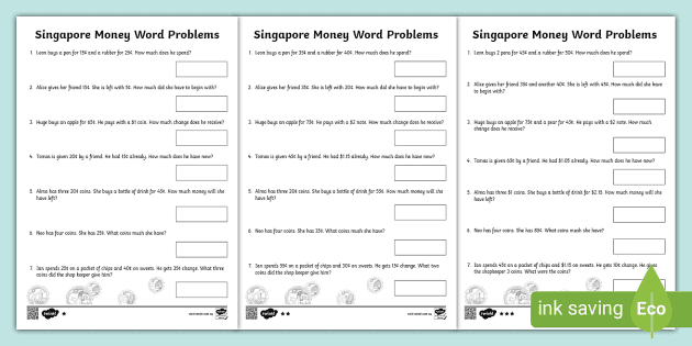 Singapore Money Word Problems Worksheet (teacher made)