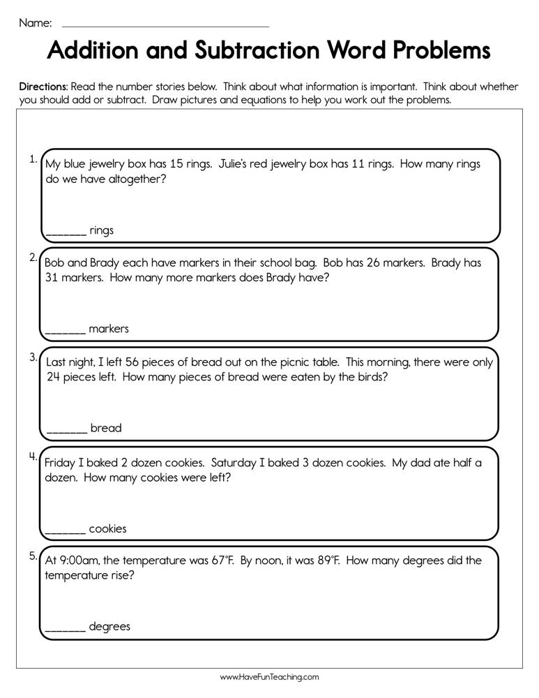 word problems addition and subtraction worksheet