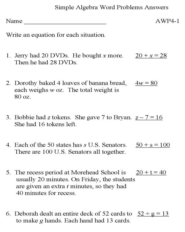 word problems algebra 1 worksheet
