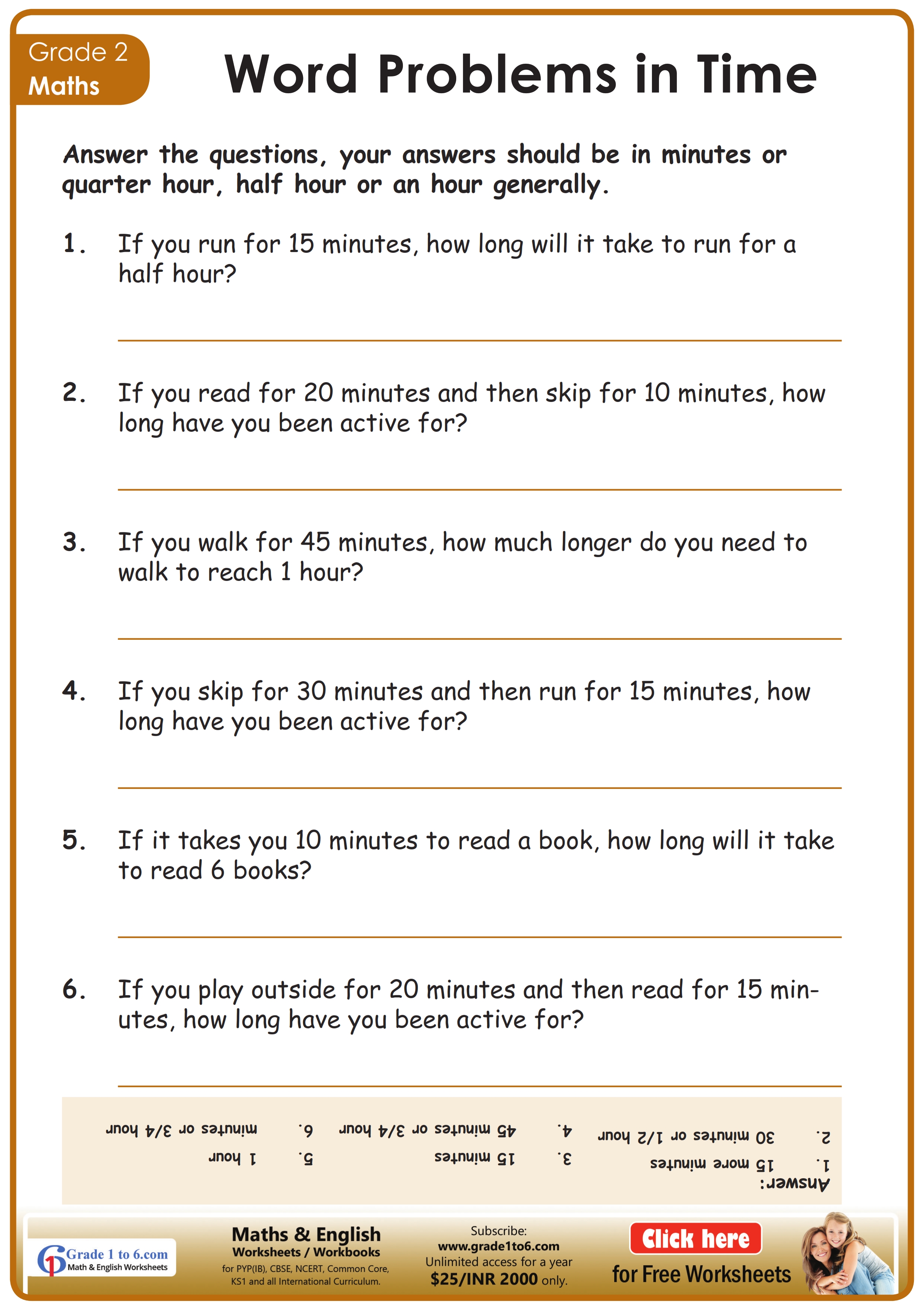 Time Word Problems Worksheet | Grade1to6.com