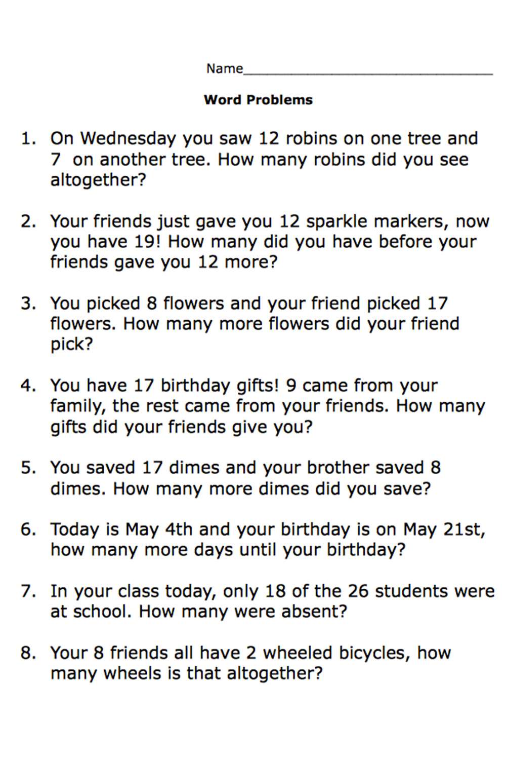 word problems for 2nd graders worksheet