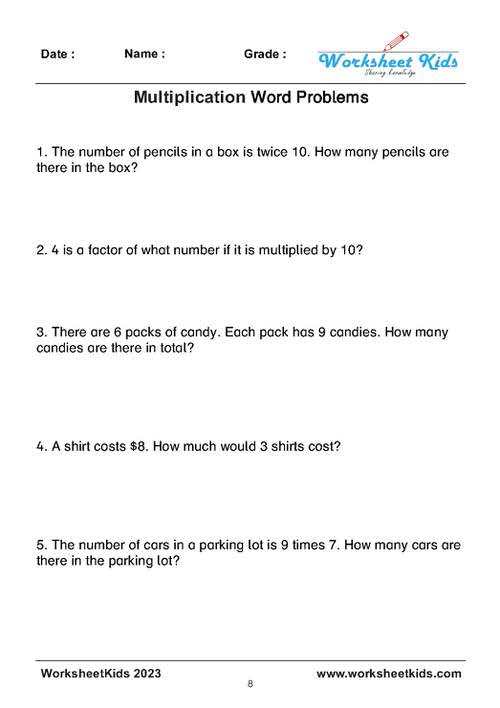 Multiplication Word Problems Worksheets for Grades 3 to 5 - Free