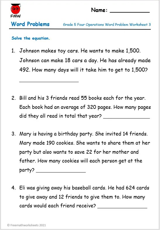 Grade 5 Word Problems | Free Printables | Worksheets