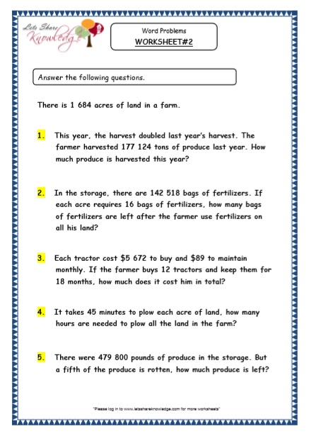 Grade 5 Maths Resources (Word Problems Printable Worksheets ...