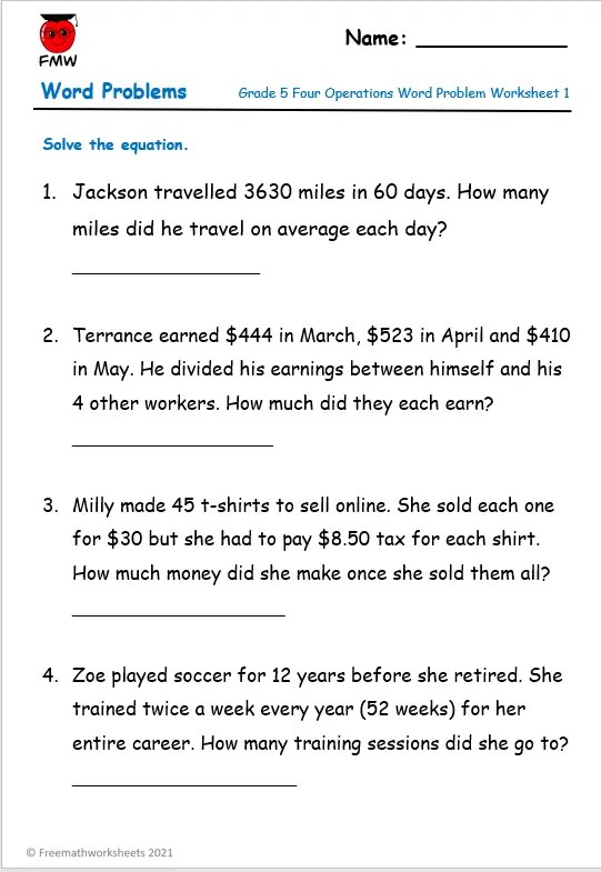 Grade 5 Word Problems | Free Printables | Worksheets