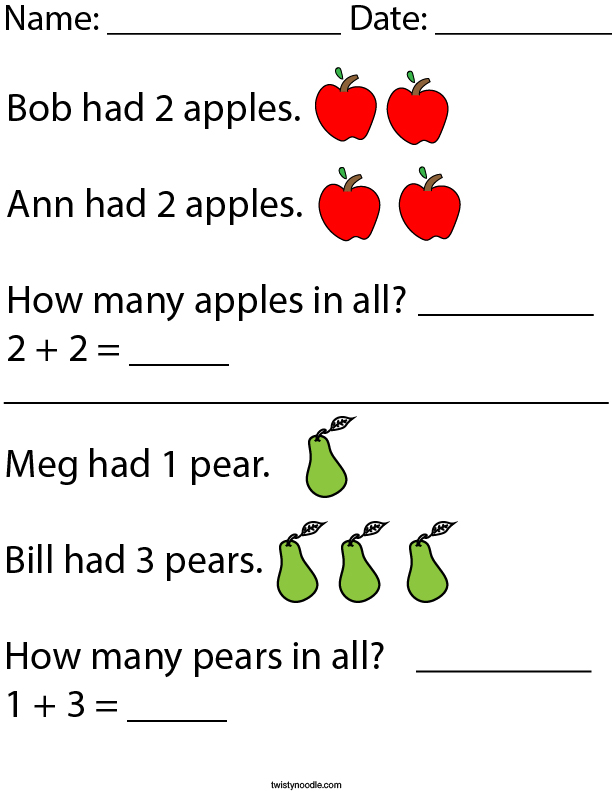 Addition Word Problems- Kindergarten Math Worksheet - Twisty Noodle