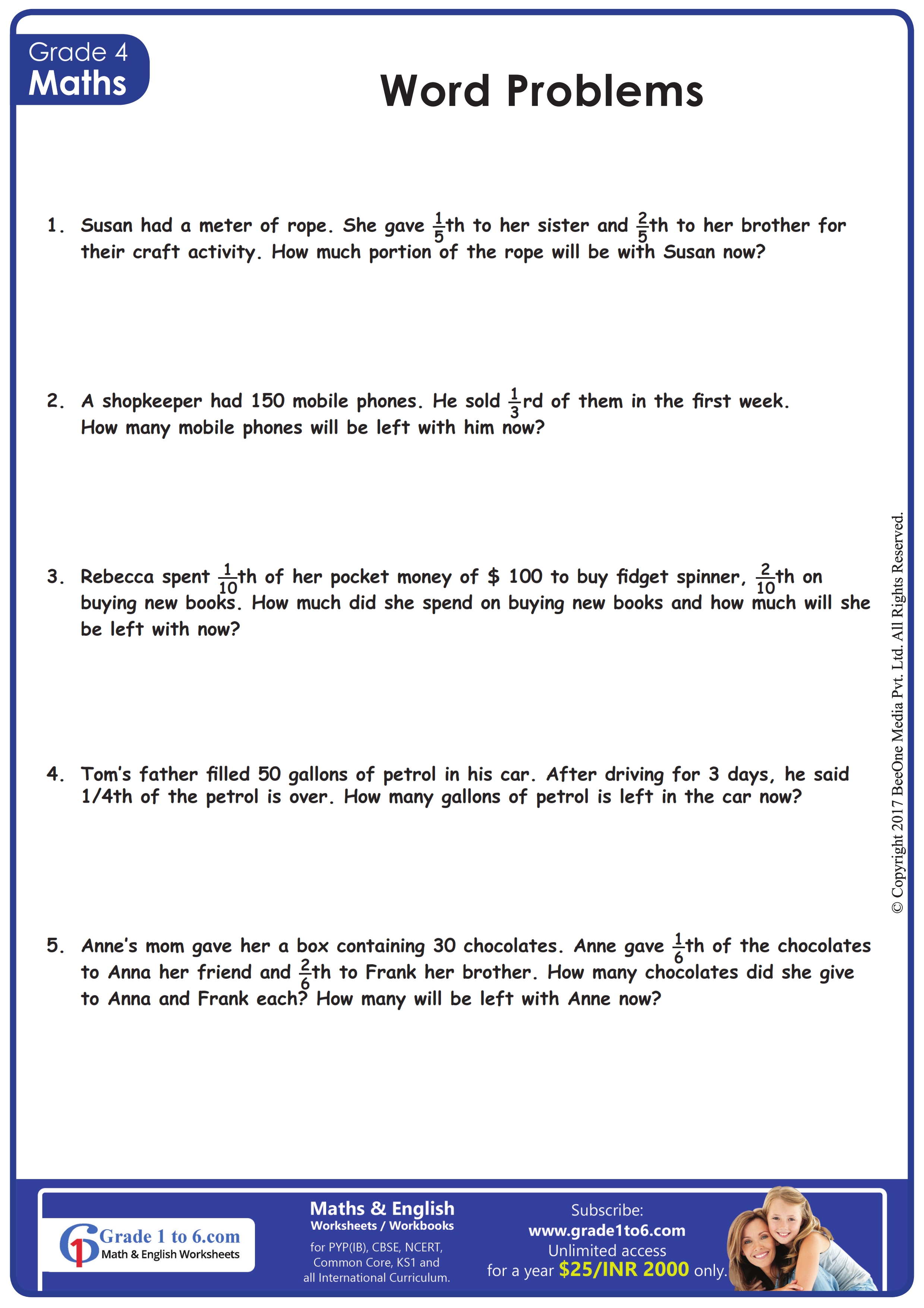 word problems with fractions worksheet