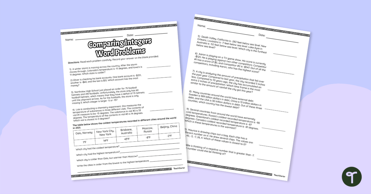 Integer Word Problems Worksheets - Math Monks - Worksheets Library