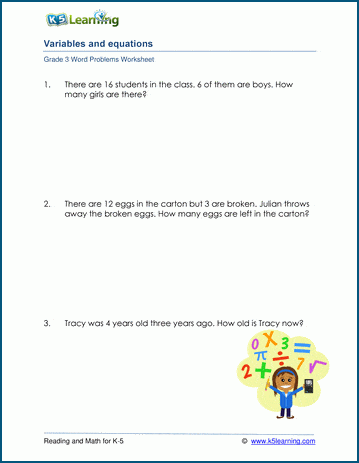 Writing variables to solve Grade 3 word problems | Worsheets library