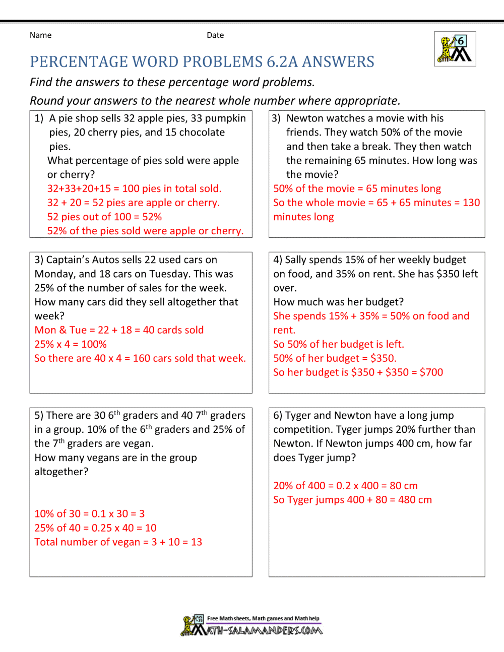 6th Grade Percent Word Problems