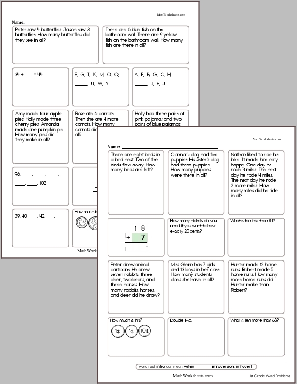 Word Problem Worksheets for 1st Graders - Free with No Login ...